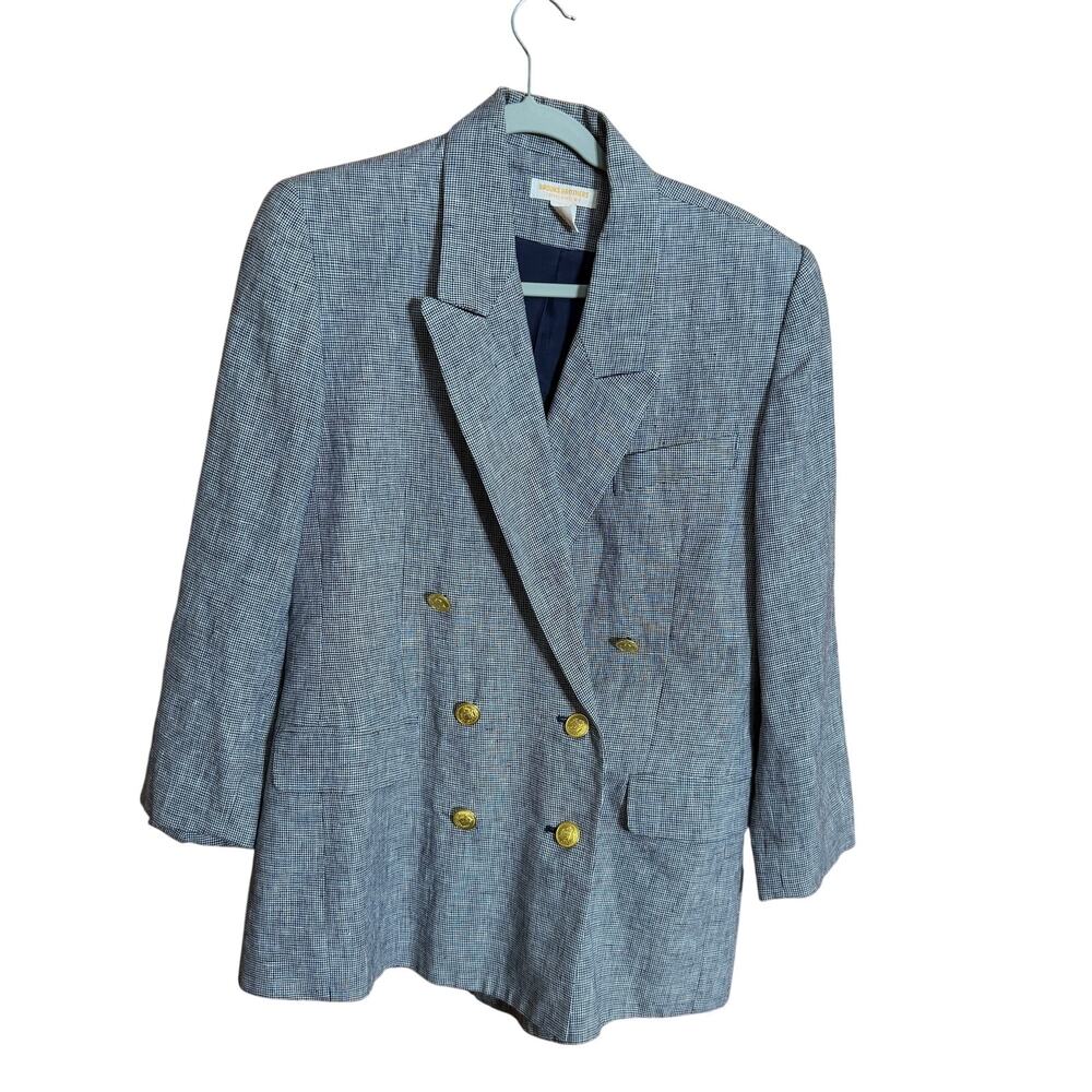 Brooks Brothers Linen Blazer size 12 Navy White Houndstooth Gold Buttons Jacket
